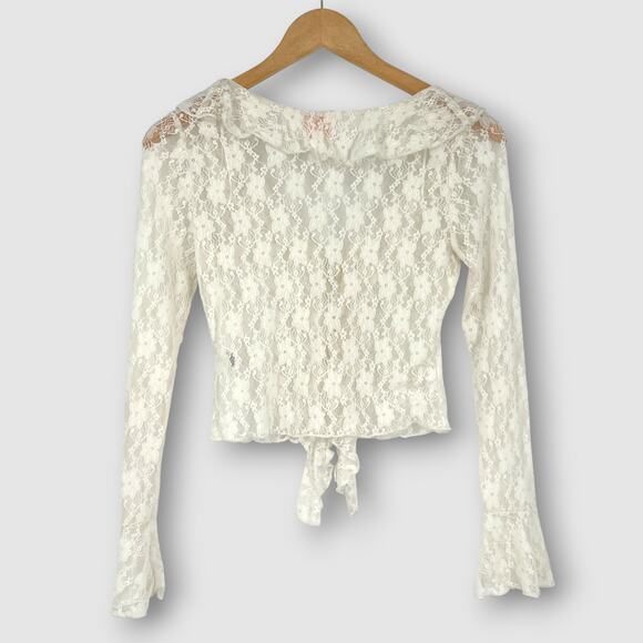 Good Luck Gem Ivory Lace Tie Front Long Sleeve Coquette Top Size Small - Picture 2 of 7